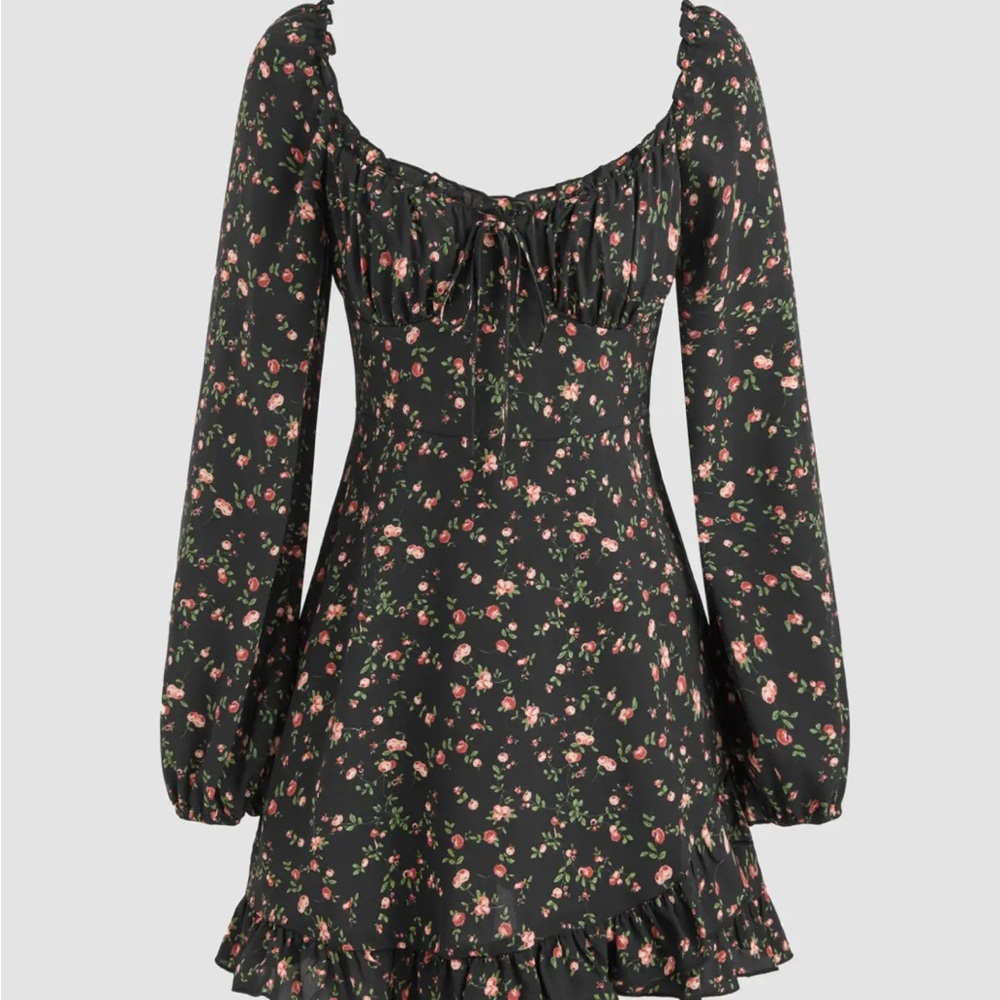 Cider Black Floral Long Sleeve Mini Dress